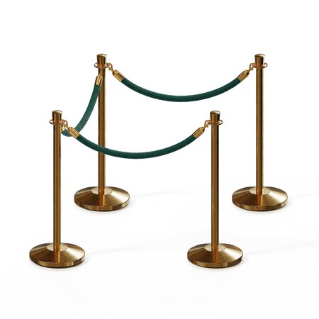 Montour Line Stanchion Post and Rope Kit Sat.Brass, 4 Crown Top 3 Green Rope C-Kit-4-SB-CN-3-PVR-GN-PB